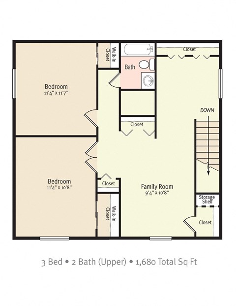 Floor plan for 3 beds, 2 baths, 1680 sqft